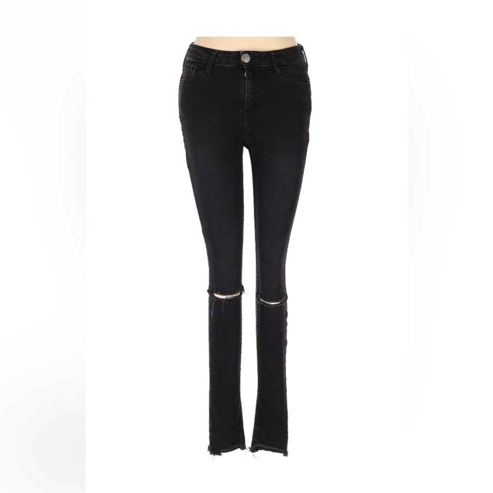 AQUA Black Distressed Knee Skinny Jeans Mid Rise Size 28